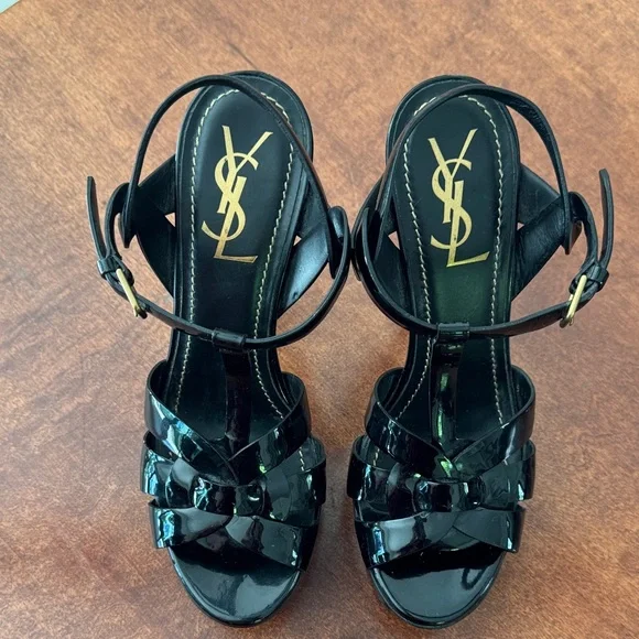 Yves Saint Laurent Tribute Black Patent Stiletto Platform Sandals Sz 7 - Picture 2 of 7